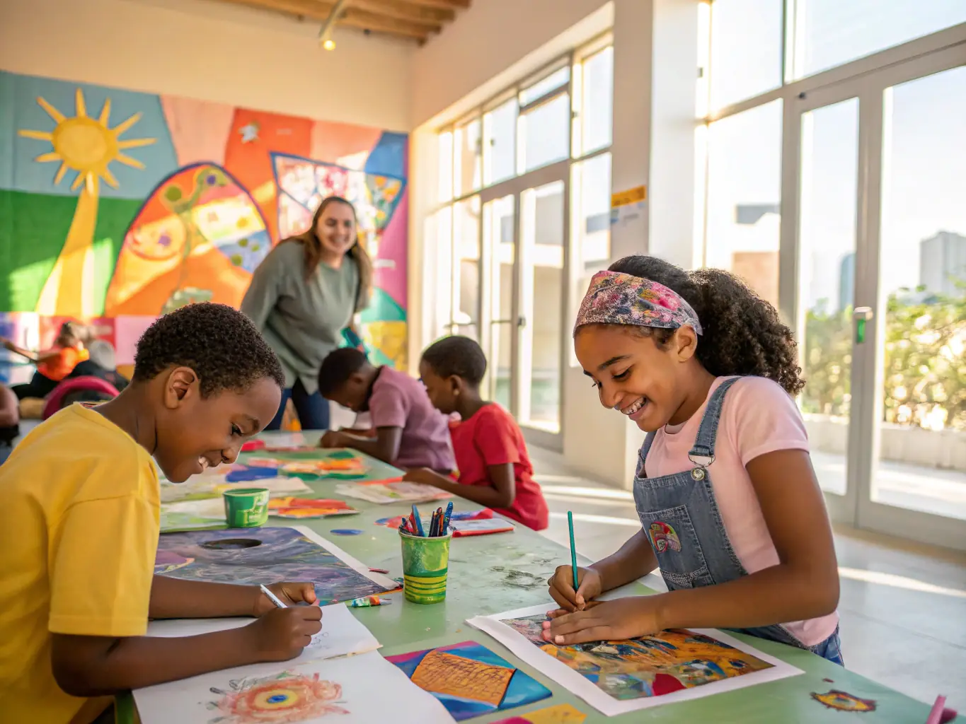 A group of children participating in an art workshop at a local community center, demonstrating LPC LA P'TITE CHATAIGNE's commitment to educational outreach and community engagement.