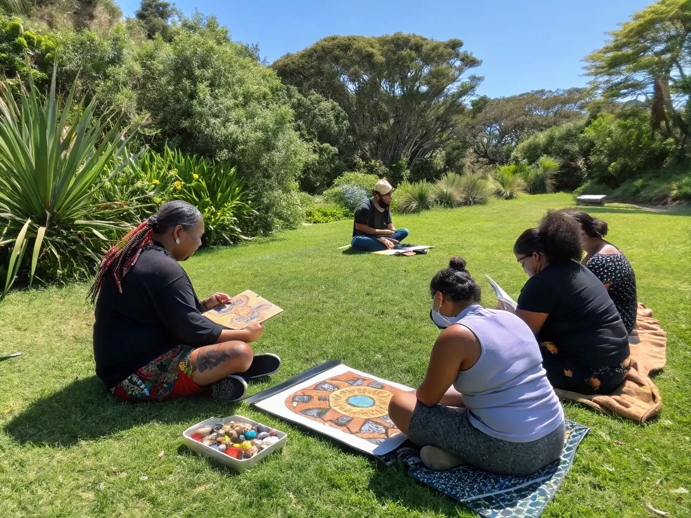 A vibrant image of an artist working in a scenic rural studio surrounded by nature, with community members attending a public showcase, representing the Artist Residencies program.
