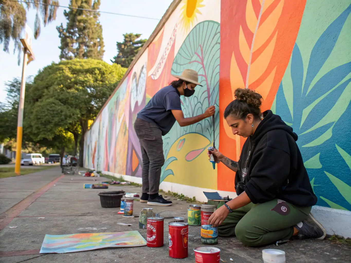 A diverse group of artists collaborating on a mural in a rural French village, showcasing the vibrant artistic community fostered by LPC LA P'TITE CHATAIGNE's artist residency program.